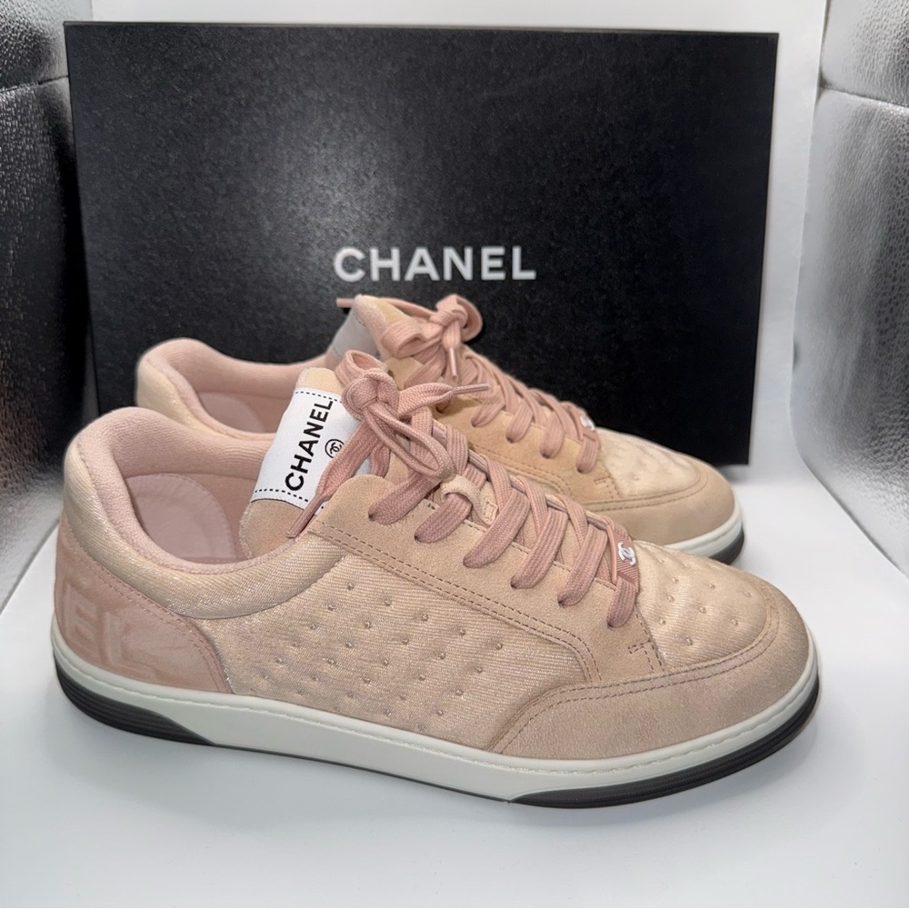 CHANEL Suede Calfskin Logo Sneakers Beige Pink Size 40 w/ Box